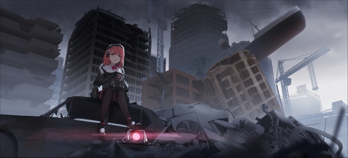 Apocalyptic scene with a girl and a ship in ruins