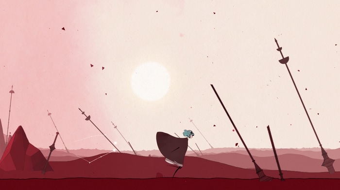 Gris character in a desolate landscape with spears