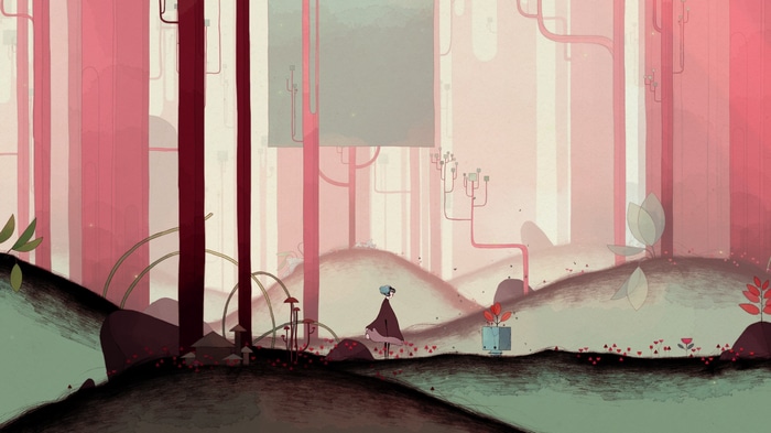 Gris character walks through a pink forest