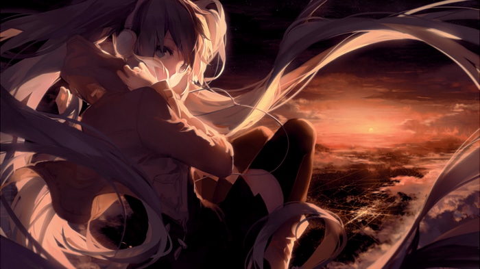 Hatsune Miku wearing headphones overlooking a sunset cityscape