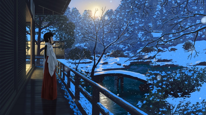 Miko standing on a balcony in the snow