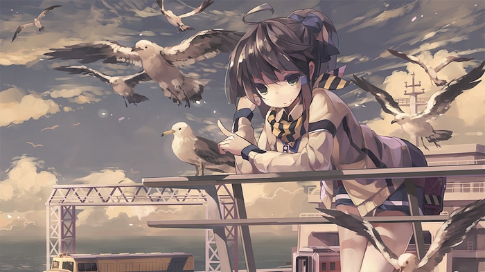 Girl with seagulls by the sea