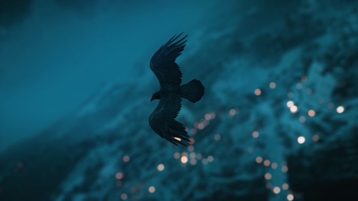 Raven flying over a landscape in Assassin's Creed Valhalla