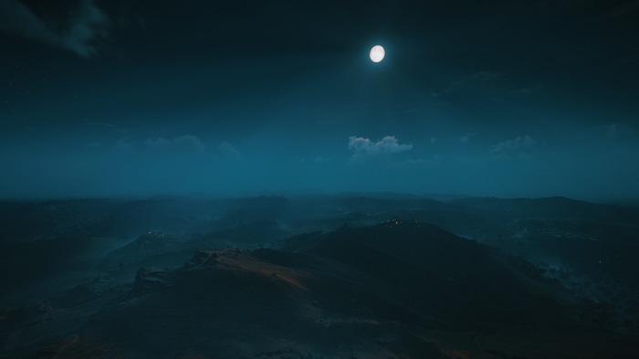 Assassin's Creed Valhalla night landscape with full moon