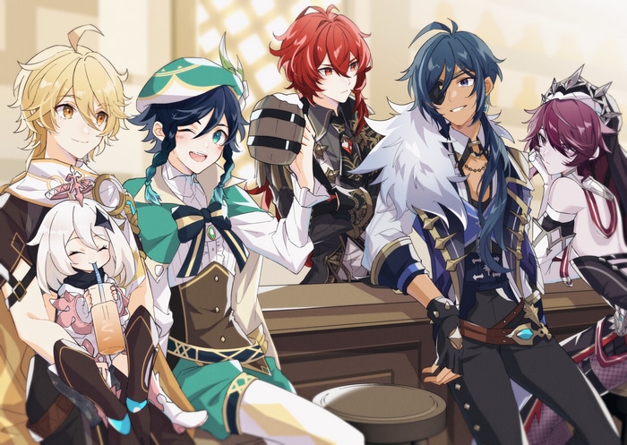 Genshin Impact characters Aether, Venti, Diluc, Kaeya, Rosaria, and Paimon
