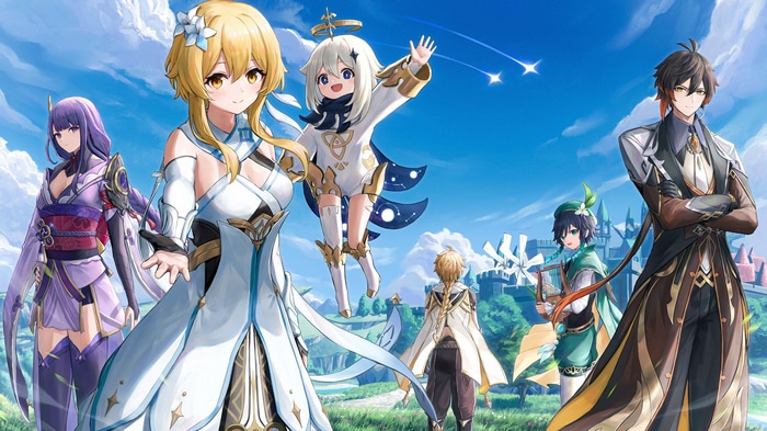 Genshin Impact characters Lumine, Paimon, Raiden Shogun, Zhongli, Venti, and Aether