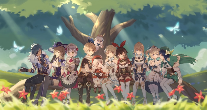 Genshin Impact Characters Posing Under a Tree