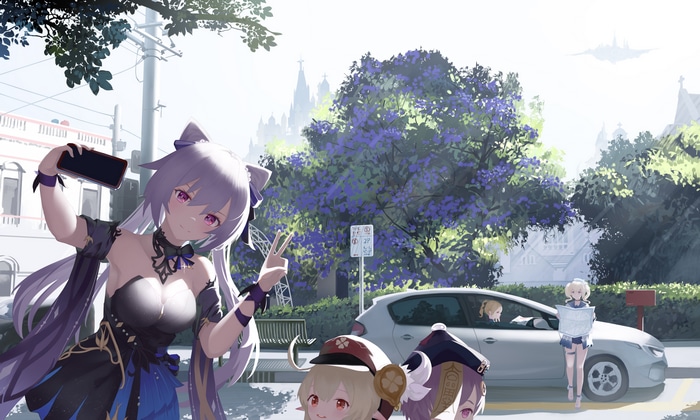 Genshin Impact characters Keqing, Klee, Qiqi, and Jean outdoors