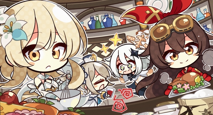 Genshin Impact: Lumine, Amber, Paimon, and Barbara cooking