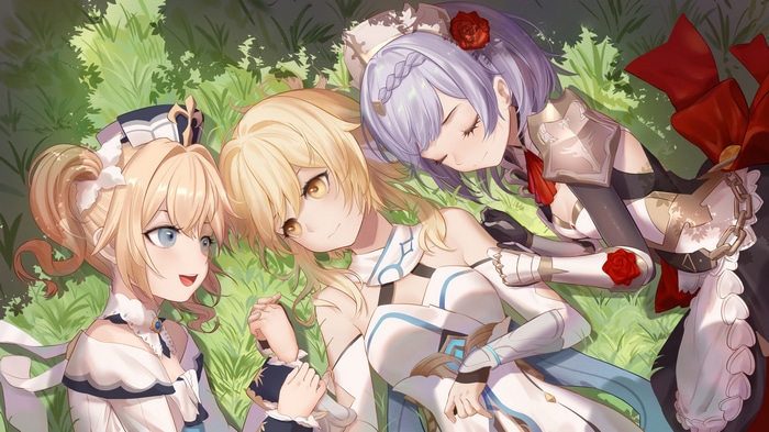 Genshin Impact: Barbara, Lumine, and Noelle resting in grass