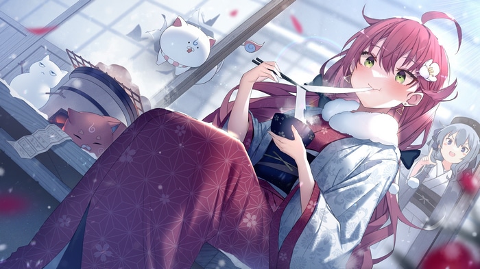 Sakura Miko and Hoshimachi Suisei in Kimonos with Cats