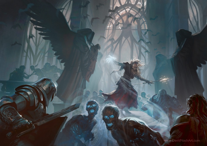 Dark fantasy battle with zombies and winged figures