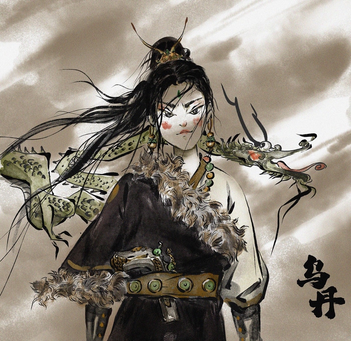 Woman with a Chinese dragon and a gun