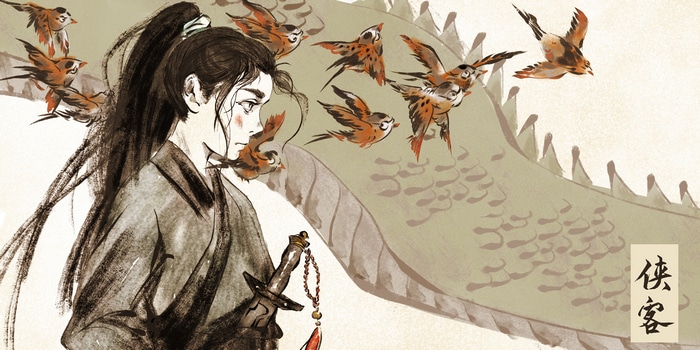 Fantasy art of a woman with birds and a dragon
