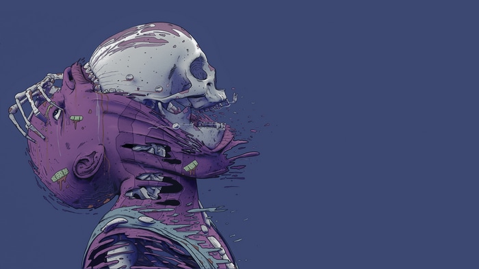 4K illustration of a skull emerging from a decaying body
