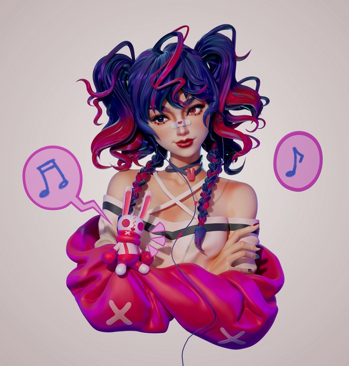 Woman with blue and pink hair listening to music