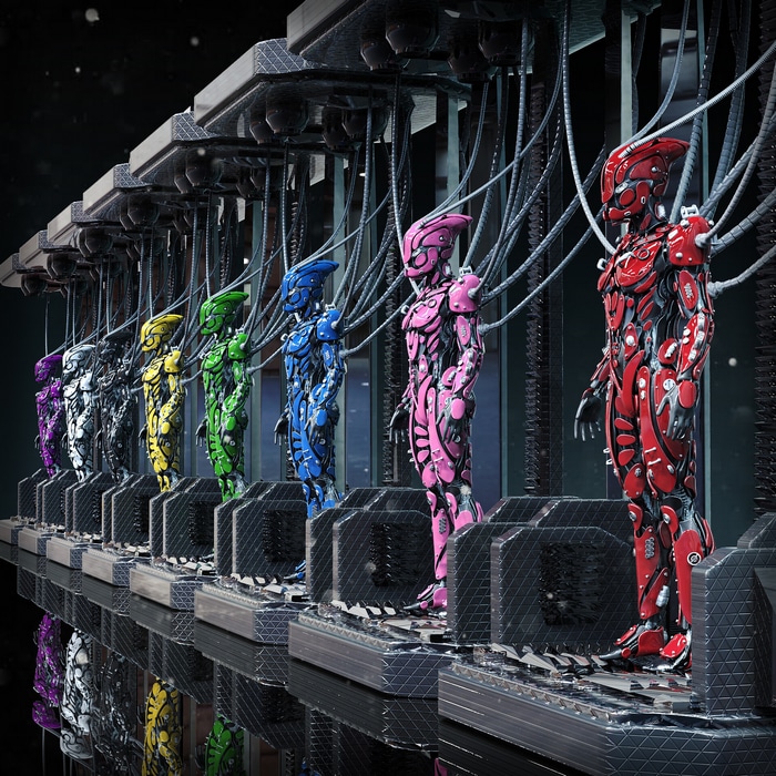 Mighty Morphin Power Rangers in a futuristic facility