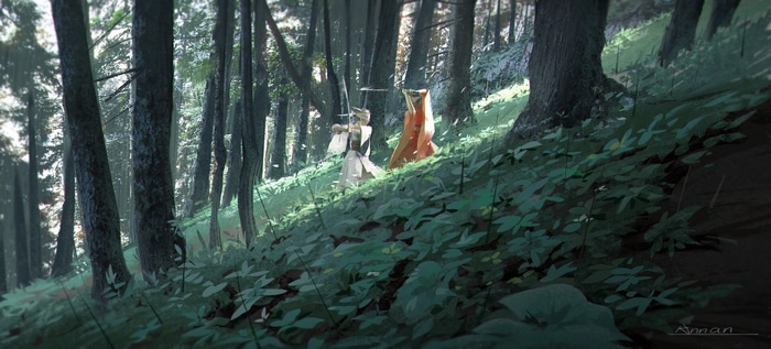 Two figures fighting with swords in a forest