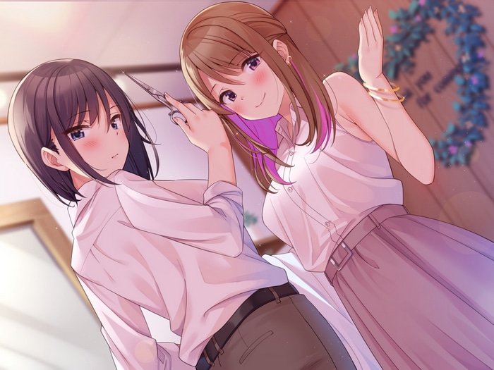 Two anime girls, one with scissors cutting hair