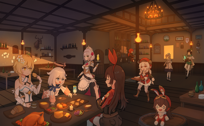 Genshin Impact characters celebrating in a tavern