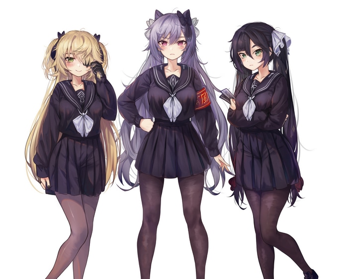 Fischl, Keqing, and Mona in School Uniforms