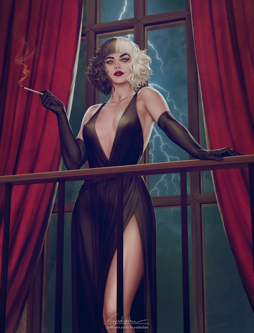 Cruella de Vil smoking on a balcony