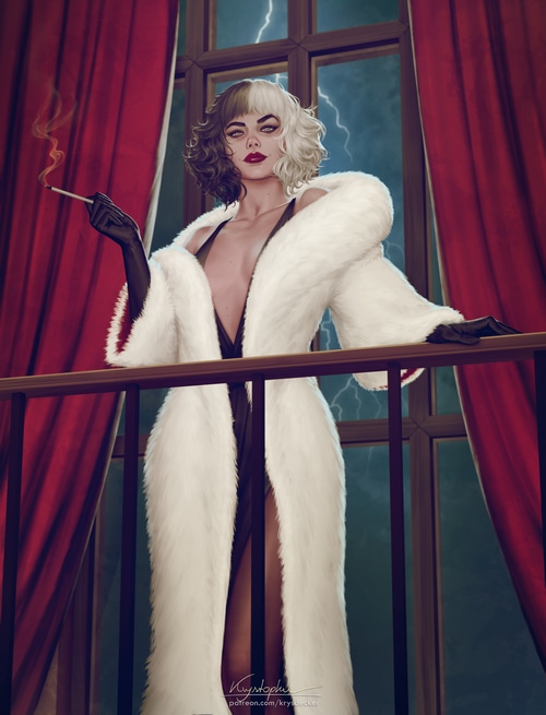 Cruella de Vil smoking on a balcony