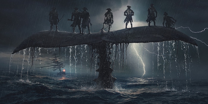 Pirates on a whale's tail during a lightning storm