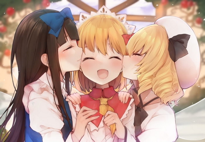 Touhou: Luna Child, Sunny Milk, and Star Sapphire sharing affection