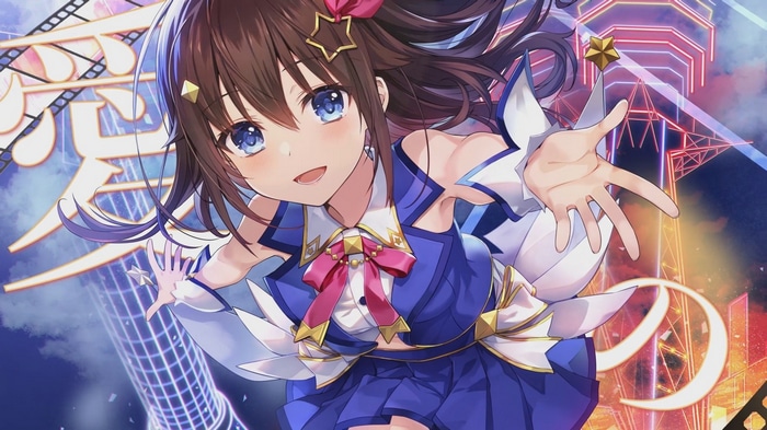 Tokino Sora in a blue outfit with a pink bow