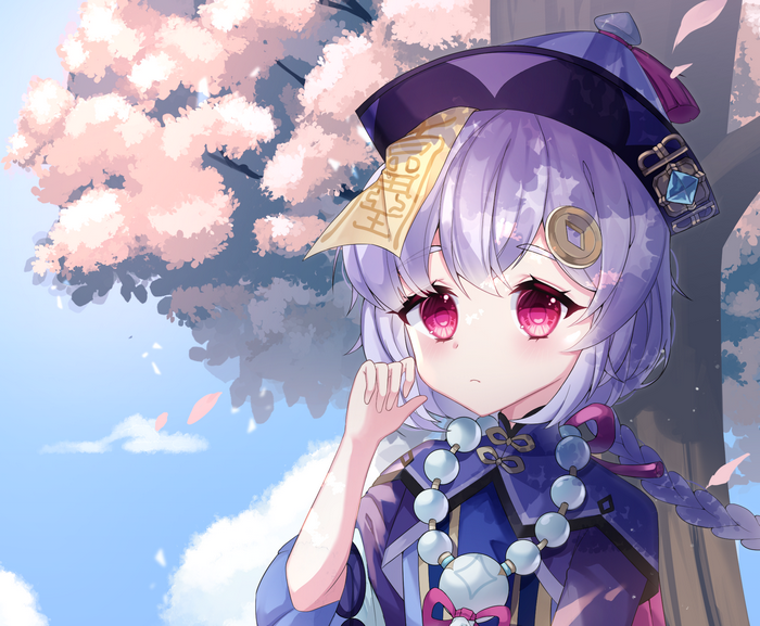 Qiqi from Genshin Impact under a cherry blossom tree