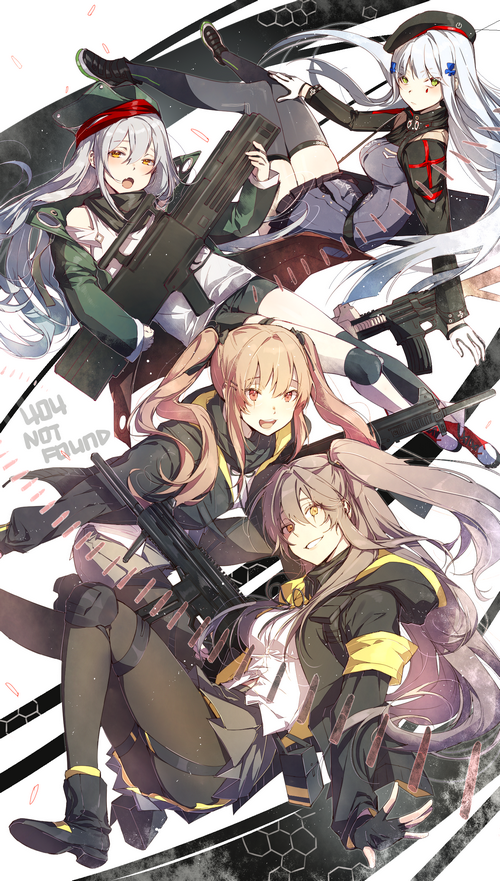 Girls Frontline characters UMP9, UMP45, HK416, G11 with weapons