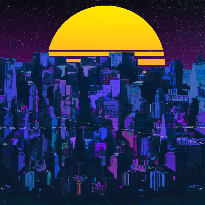 Futuristic Cyber City Skyline at Sunset