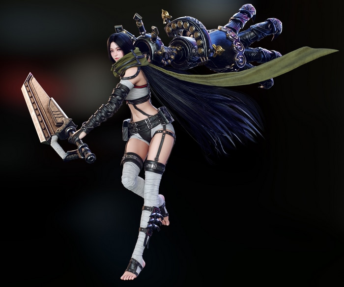 Fantasy warrior with dark hair and a mechanical arm