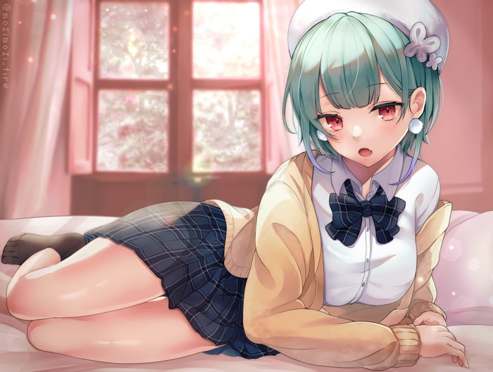 Uruha Rushia in bed with green hair and school uniform