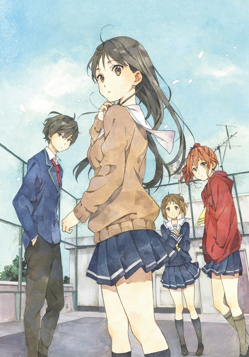 Four students in school uniforms on a rooftop