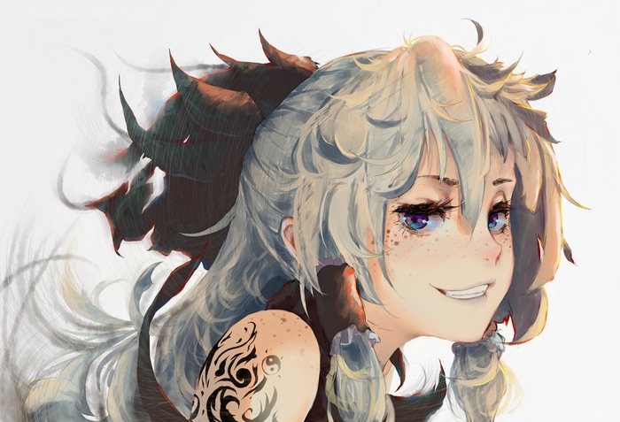 Girl with silver hair and a tattoo smiling