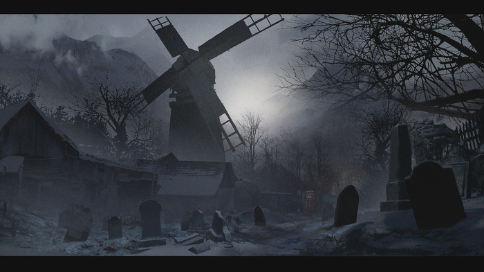 Resident Evil Village graveyard with windmill