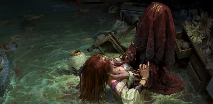 Fantasy art of women in a flooded room
