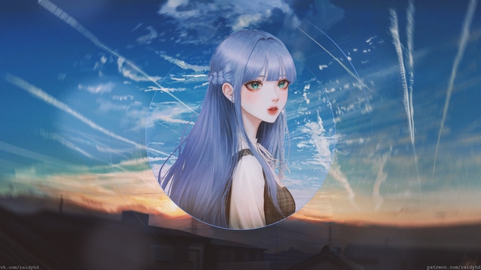 Anime girl with blue hair in front of sky