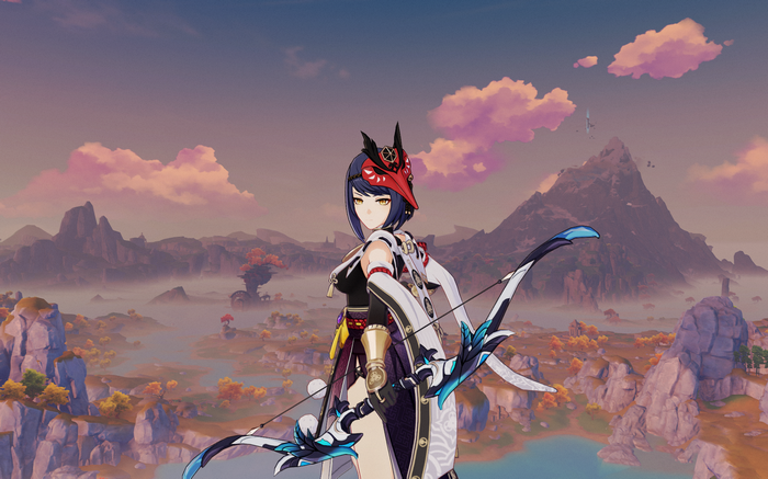 Kujou Sara with a bow in Genshin Impact