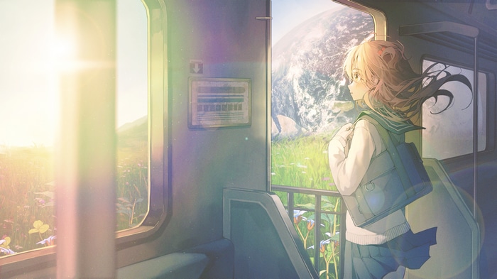 4K train journey with a girl in school uniform