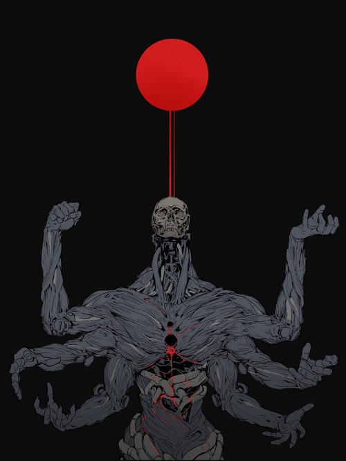 Artwork by Ching Yeh with a skull-headed figure and red orb