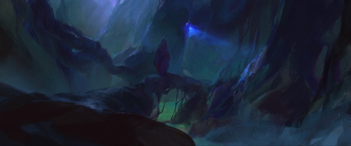 Fantasy art of a cave with a glowing crystal