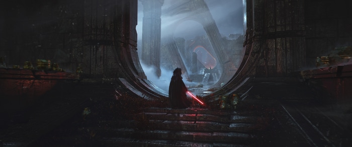Sith Lord with Lightsaber in Ancient Ruins