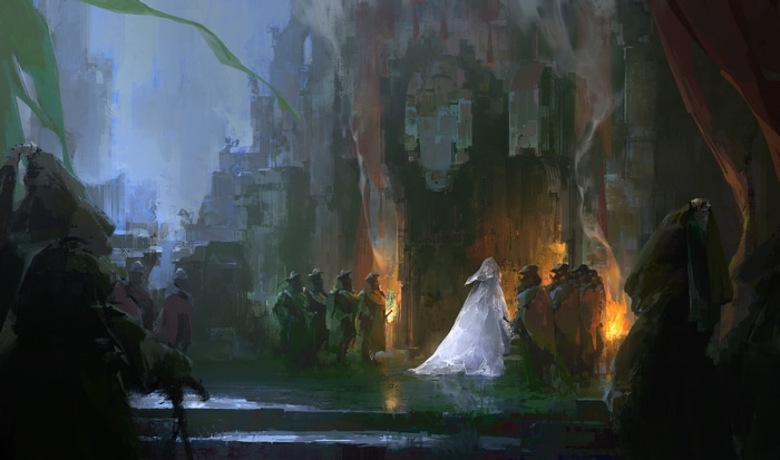 Fantasy art of a wedding ceremony in a grand hall