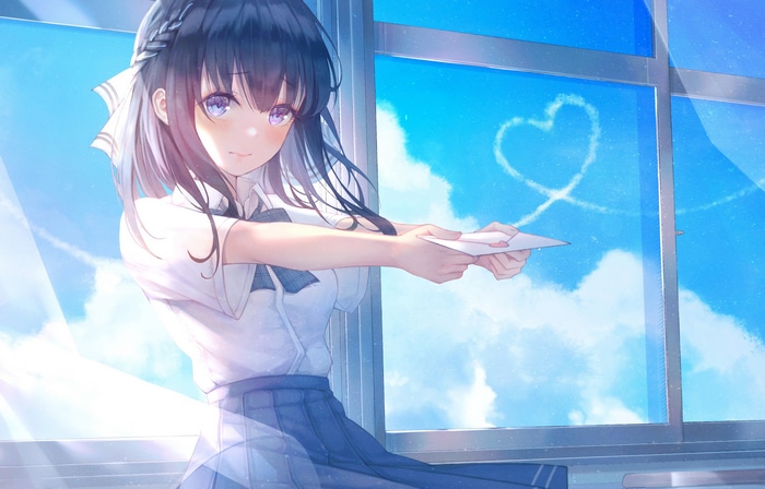 Artwork of a girl in a school uniform holding a letter