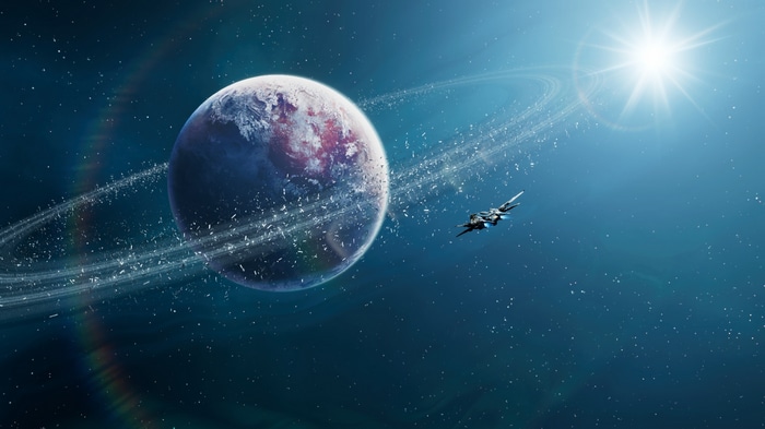 Guardians of the Galaxy spaceship near a ringed planet