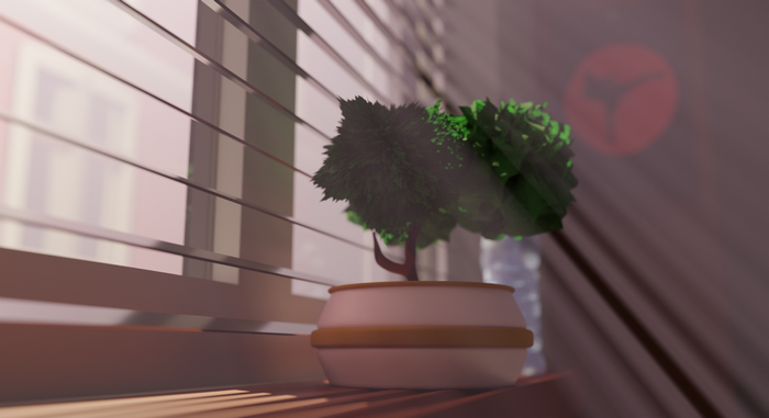 Potted plant on a windowsill with blinds