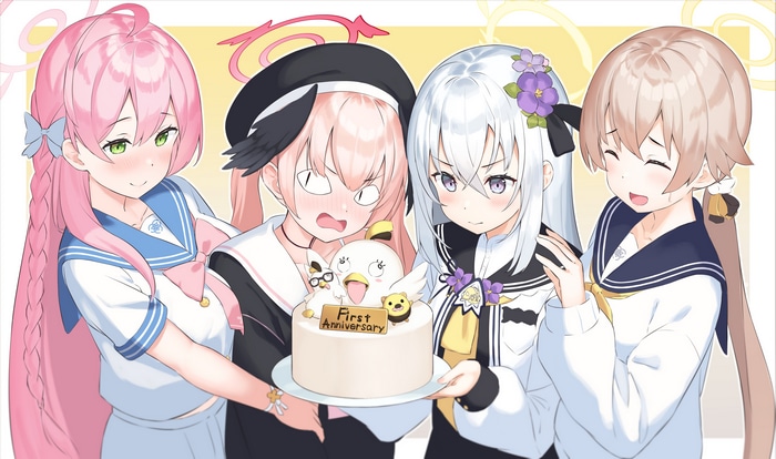 Blue Archive characters celebrating with a cake